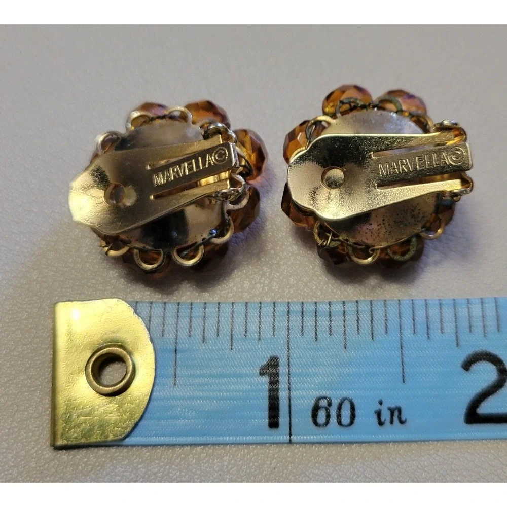Vintage MARVELLA Autumn Brown Gold Tone Clip On Beaded Earrings Cluster‎ Bead